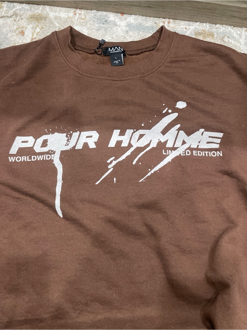 Boohoo MAN Brown Crewneck Sweater with White Graphic